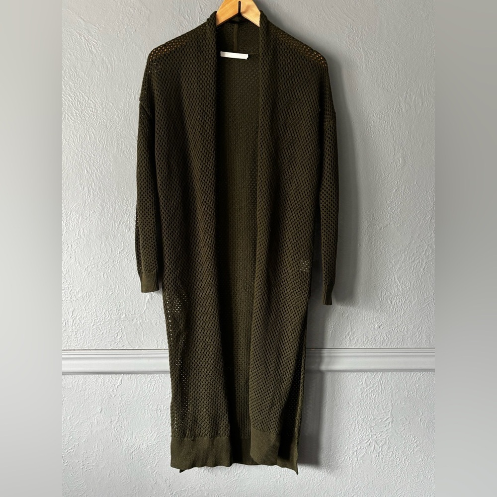One Grey Day Army Green Mesh Merino Wool Duster Cardigan | XS